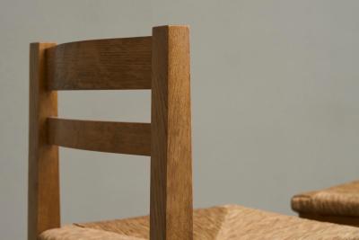 Set of 4 Modernist Chairs in Solid Oak and Straw Belgium 1960s
