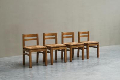 Set of 4 Modernist Chairs in Solid Oak and Straw Belgium 1960s