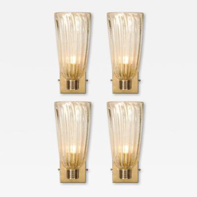 Set of 4 Modernist Hand Blown Murano Fluted Glass Sconces W 24kt Gold Flecks