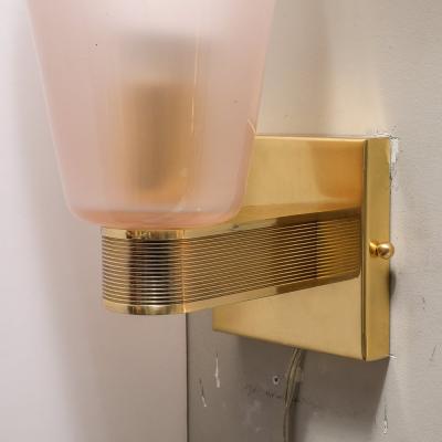 Set of 4 Modernist Hand Blown Murano Smoked Pink Glass w Reeded Brass Sconces