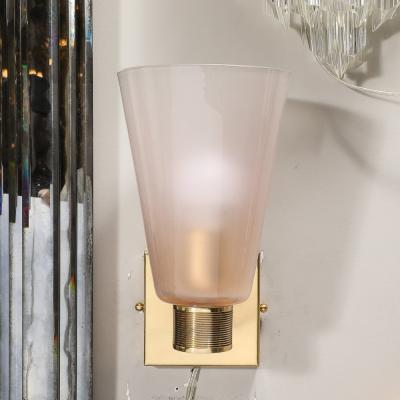 Set of 4 Modernist Hand Blown Murano Smoked Pink Glass w Reeded Brass Sconces
