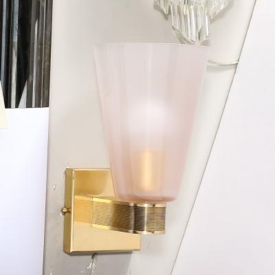 Set of 4 Modernist Hand Blown Murano Smoked Pink Glass w Reeded Brass Sconces