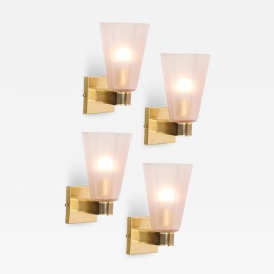 Set of 4 Modernist Hand Blown Murano Smoked Pink Glass w Reeded Brass Sconces