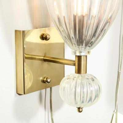 Set of 4 Modernist Handblown Iridescent Murano Glass Sconces w Orbital Drop