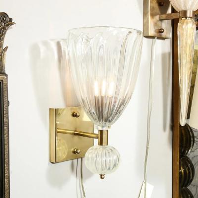 Set of 4 Modernist Handblown Iridescent Murano Glass Sconces w Orbital Drop