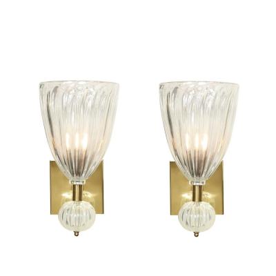 Set of 4 Modernist Handblown Iridescent Murano Glass Sconces w Orbital Drop