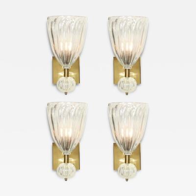 Set of 4 Modernist Handblown Iridescent Murano Glass Sconces w Orbital Drop