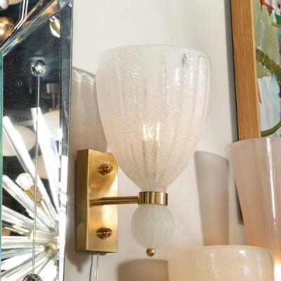 Set of 4 Modernist Handblown Murano Fluted Bullicante Glass Orbital Drop Sconces