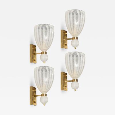 Set of 4 Modernist Handblown Murano Fluted Bullicante Glass Orbital Drop Sconces