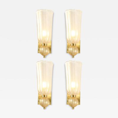 Set of 4 Modernist Handblown Murano Glass Elongated Tulip Sconces w 24 Kt Gold