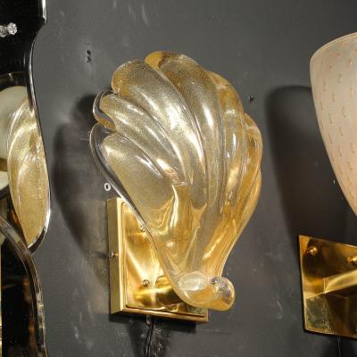 Set of 4 Modernist Handblown Murano Glass Shell Form Sconces W 24Kt Gold Flecks