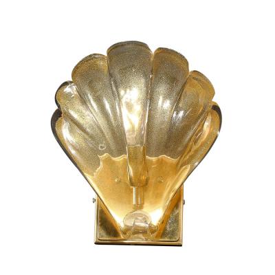 Set of 4 Modernist Handblown Murano Glass Shell Form Sconces W 24Kt Gold Flecks