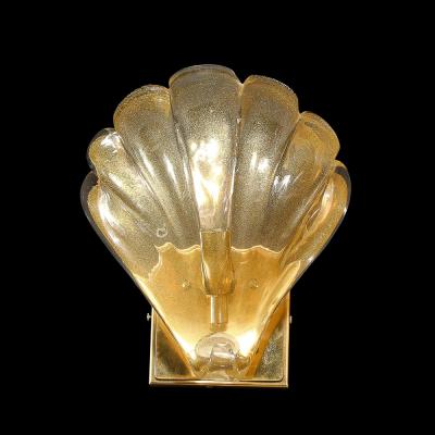 Set of 4 Modernist Handblown Murano Glass Shell Form Sconces W 24Kt Gold Flecks