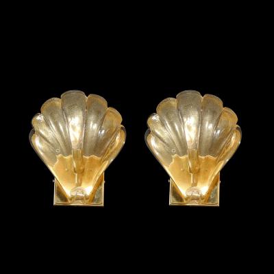 Set of 4 Modernist Handblown Murano Glass Shell Form Sconces W 24Kt Gold Flecks