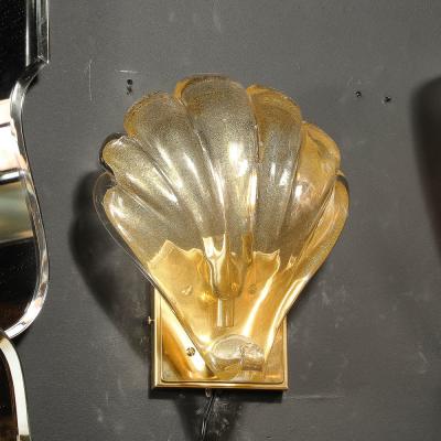 Set of 4 Modernist Handblown Murano Glass Shell Form Sconces W 24Kt Gold Flecks