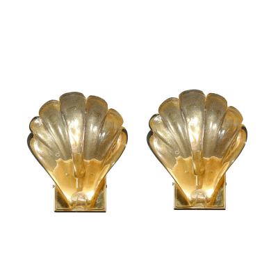 Set of 4 Modernist Handblown Murano Glass Shell Form Sconces W 24Kt Gold Flecks