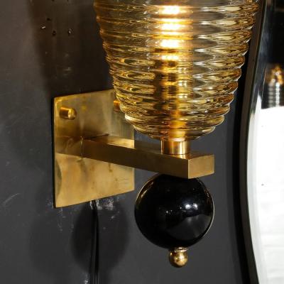 Set of 4 Modernist Handblown Murano Hive Glass Form Sconces w Jet Black Orbital