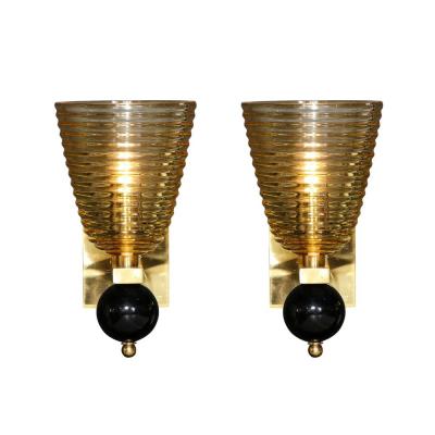 Set of 4 Modernist Handblown Murano Hive Glass Form Sconces w Jet Black Orbital