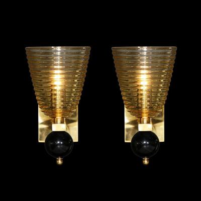 Set of 4 Modernist Handblown Murano Hive Glass Form Sconces w Jet Black Orbital