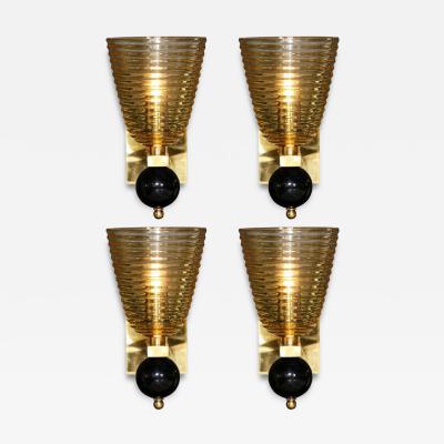 Set of 4 Modernist Handblown Murano Hive Glass Form Sconces w Jet Black Orbital