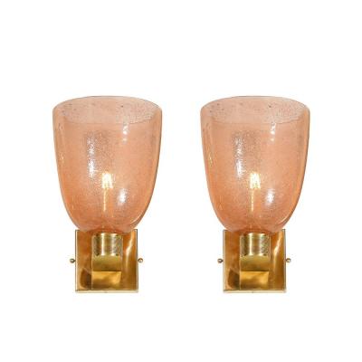 Set of 4 Modernist Handblown Smoked Rose Brass Murano Glass Pulegoso Sconces