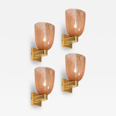 Set of 4 Modernist Handblown Smoked Rose Brass Murano Glass Pulegoso Sconces