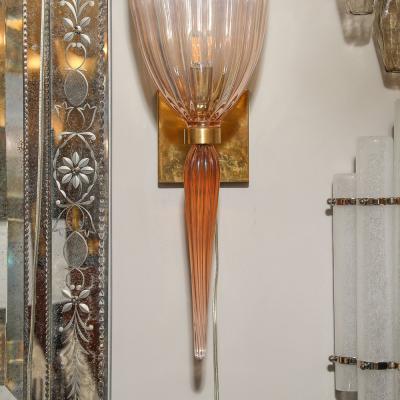 Set of 4 Modernist Handblown Spike Drop Iridescent Pink Murano Glass Sconces