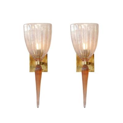 Set of 4 Modernist Handblown Spike Drop Iridescent Pink Murano Glass Sconces
