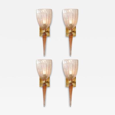 Set of 4 Modernist Handblown Spike Drop Iridescent Pink Murano Glass Sconces