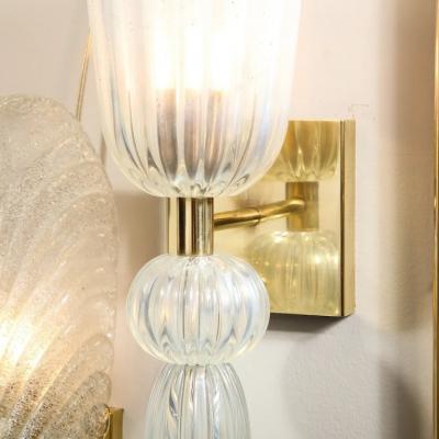 Set of 4 Modernist Iridescent Murano Glass Brass Sconces w Elongated Drop