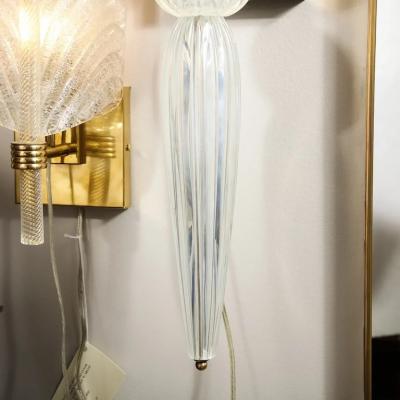 Set of 4 Modernist Iridescent Murano Glass Brass Sconces w Elongated Drop