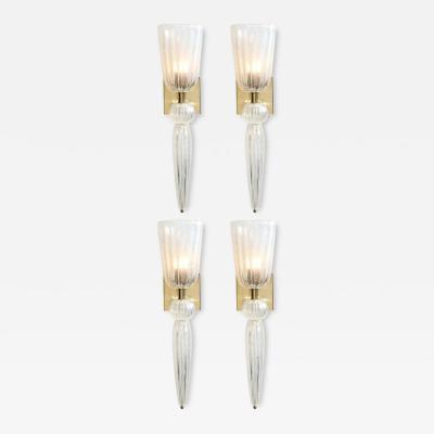 Set of 4 Modernist Iridescent Murano Glass Brass Sconces w Elongated Drop