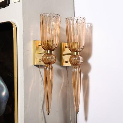 Set of 4 Modernist Rose Handblown Murano Glass Brass Sconces w Elongated Drop