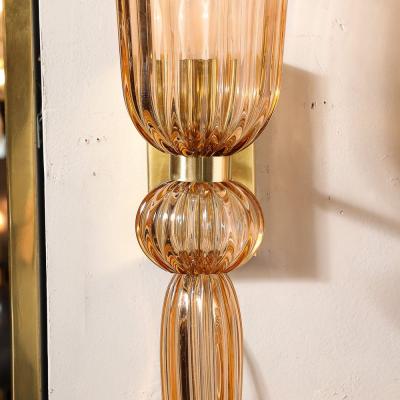 Set of 4 Modernist Rose Handblown Murano Glass Brass Sconces w Elongated Drop