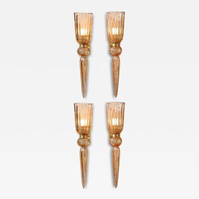 Set of 4 Modernist Rose Handblown Murano Glass Brass Sconces w Elongated Drop