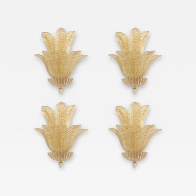 Set of 4 Murano Glass Wall Sconces in Venetian Gold Graniglia Leaf Design