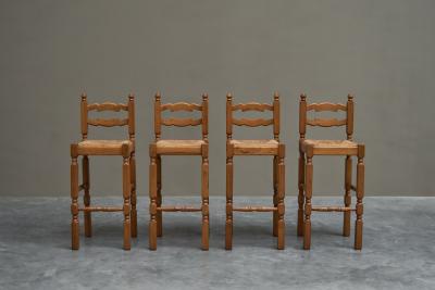 Set of 4 Razorblade Bar Stools in Solid Oak and Rush 1960s