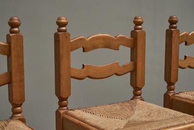 Set of 4 Razorblade Bar Stools in Solid Oak and Rush 1960s