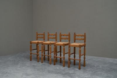 Set of 4 Razorblade Bar Stools in Solid Oak and Rush 1960s