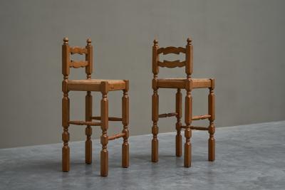 Set of 4 Razorblade Bar Stools in Solid Oak and Rush 1960s