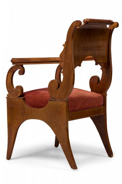 Set of 4 Russian Neo Classic Mahogany Scroll Form Red Upholstered Armchairs