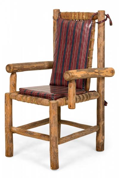Set of 4 Rustic Adirondack Style Wood and Woven Gut Armchairs