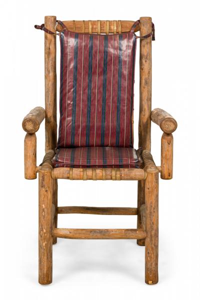 Set of 4 Rustic Adirondack Style Wood and Woven Gut Armchairs
