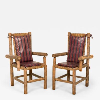 Set of 4 Rustic Adirondack Style Wood and Woven Gut Armchairs