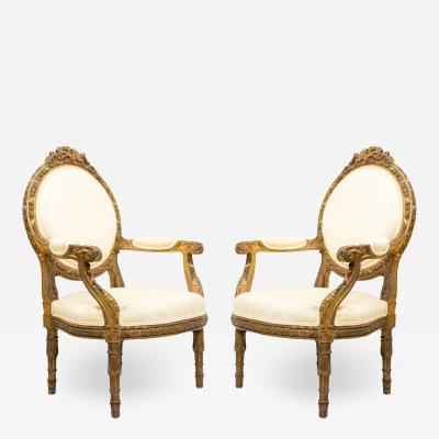 Set of 4 Set of 4 French Louis XVI Damask Arm Chairs