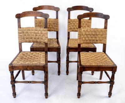 Set of 4 Vintage Dining Chairs with Woven Rope Seats and Backrests 1940s