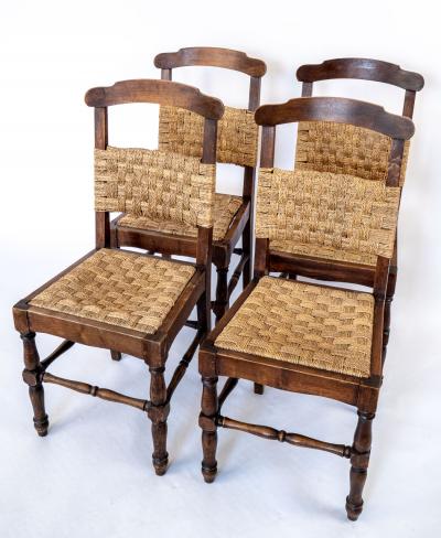 Set of 4 Vintage Dining Chairs with Woven Rope Seats and Backrests 1940s