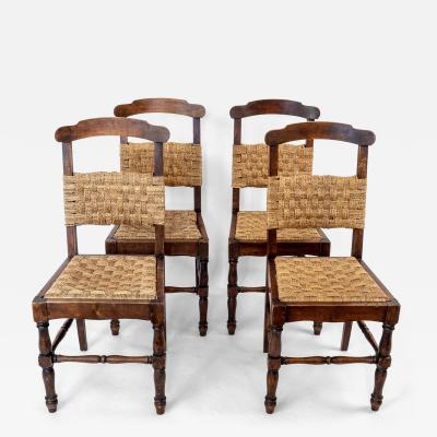 Set of 4 Vintage Dining Chairs with Woven Rope Seats and Backrests 1940s