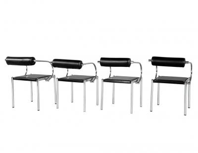 Set of 4 Vintage Modern Black Leather Tubular Metal Chairs