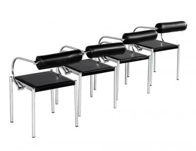 Set of 4 Vintage Modern Black Leather Tubular Metal Chairs